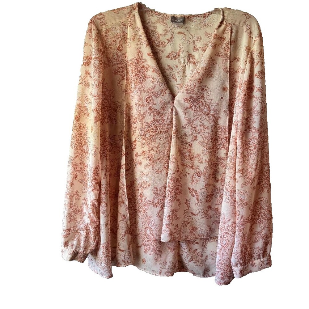 Chico's Peach and Cream‎ Floral Long Sleeve Blouse Size 3 US Size 16/18